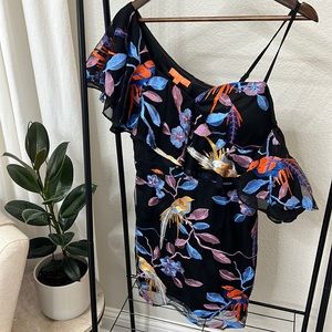 Unique Bird Embroidered Mini Ruffle One Shoulder Dress - Puerto Rico